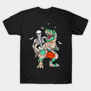 Skeleton Riding Mummy Dinosaur T Rex Kids Funny Halloween T-Shirt